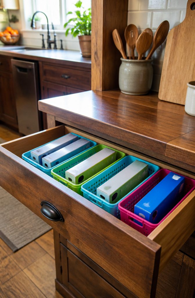 10 Plastic Wrap Storage Ideas for Organized Kitchens in 2026 3 Small plastic bins in a drawer holding sandwich bag boxes side by side.