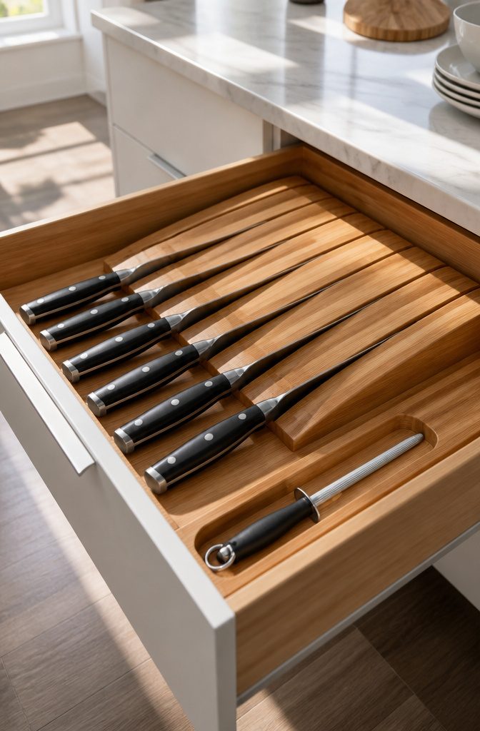Drawer Organizer Ideas: 7 Storage Types That Actually Fit 3 Bamboo knife holder with angled slots for knives in a kitchen drawer.
