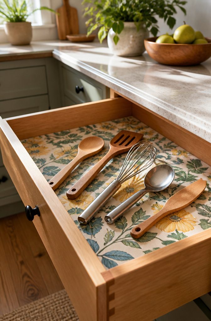 Drawer Organizer Ideas: 7 Storage Types That Actually Fit 7 Colorful drawer liner with utensils resting on top in a kitchen drawer.