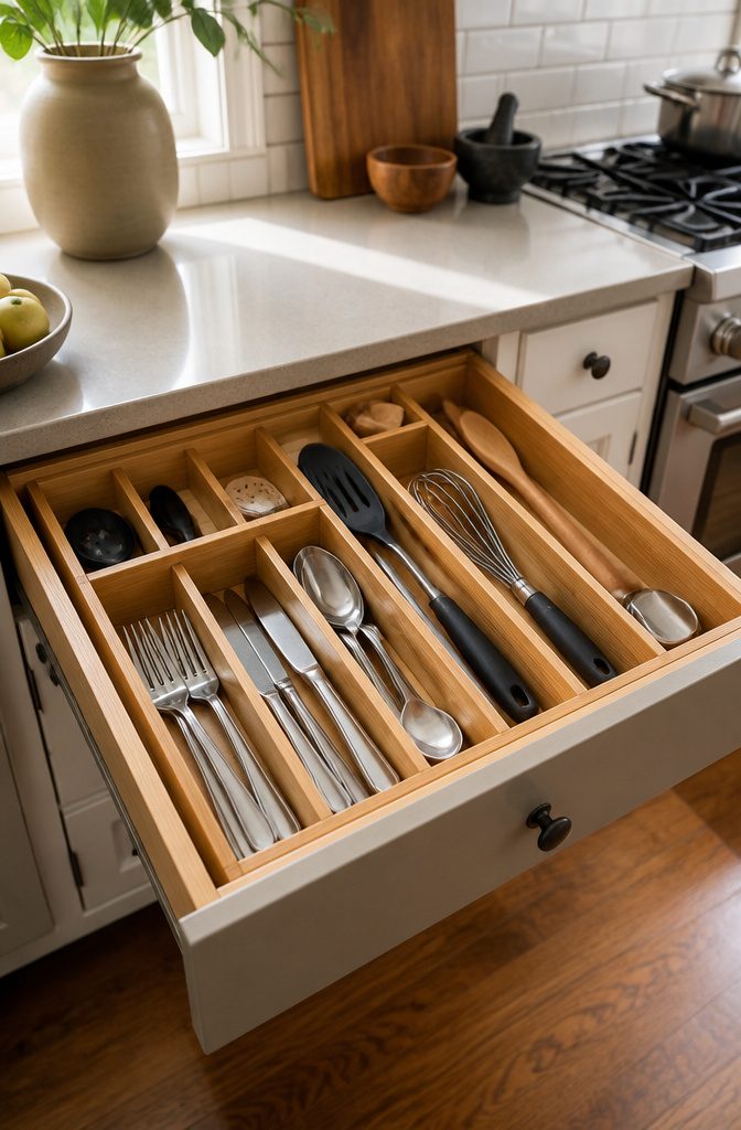 A kitchen drawer with neatly arranged utensils and dividers.