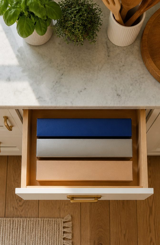 10 Plastic Wrap Storage Ideas for Organized Kitchens in 2026 2 A drawer containing boxes of plastic wrap, aluminum foil, and parchment paper.