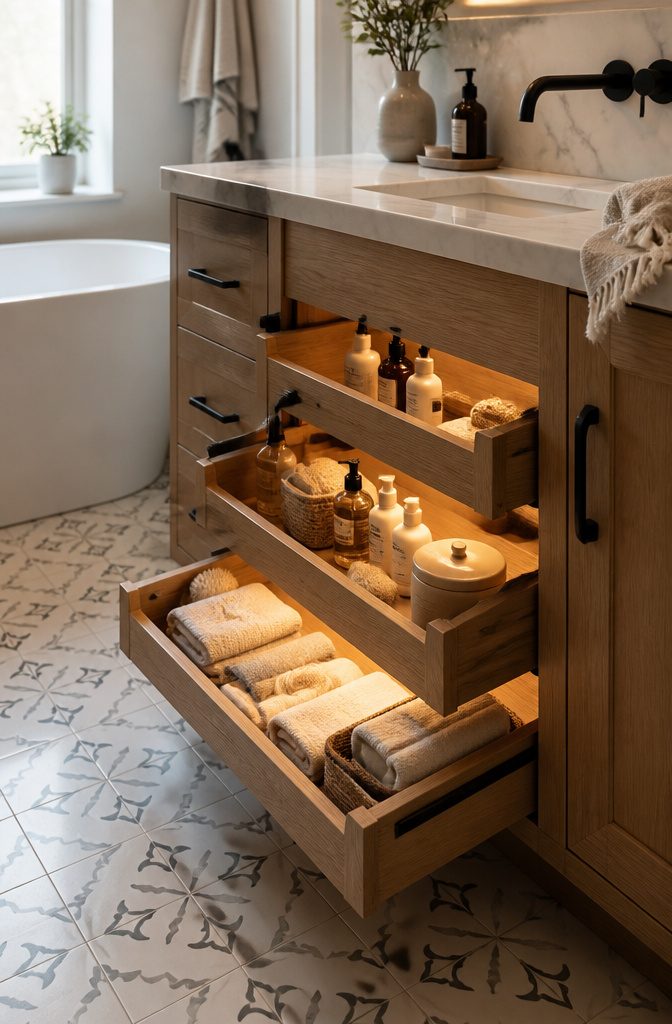10 Built-In Bathroom Storage Ideas for 2026 5 Pull-out shelves beneath a bathroom sink with organized bottles.