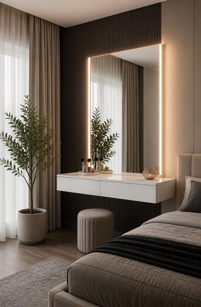 8 Dressing Table Ideas for Bedrooms: Styles for 2026 7 A dressing table featuring a mirror with built-in LED lighting.