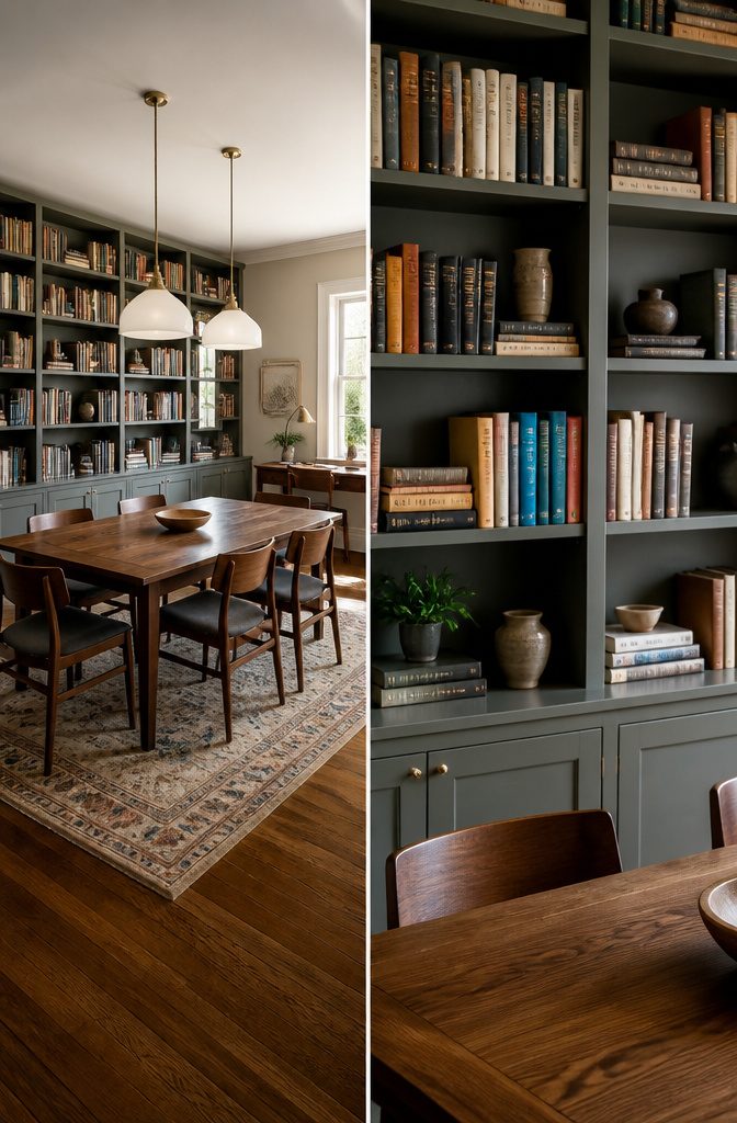 Library room with bookshelves integrated into a dining area.