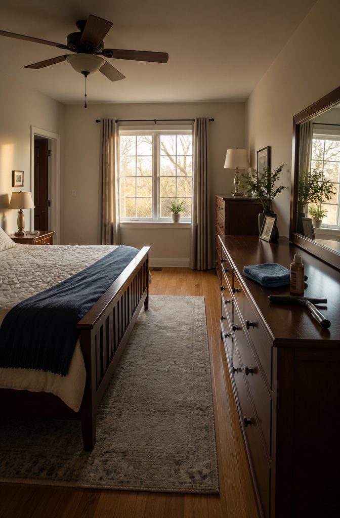 How to Clean Your Room: 6 Steps to a Spotless Bedroom 5 Microfiber cloth beside a lamp and dusty bedroom furniture