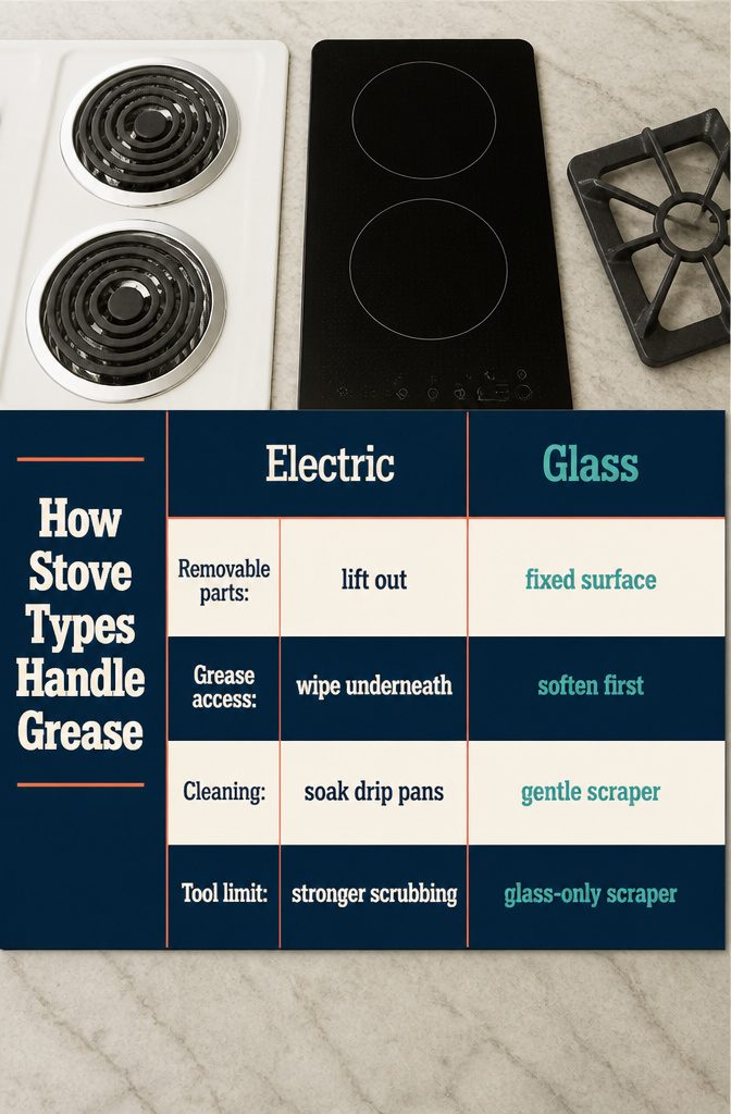 How to Get Rid of Grease on Stove in 5 Steps 7 Information graphic about cleaning electric coil gas and glass stovetops