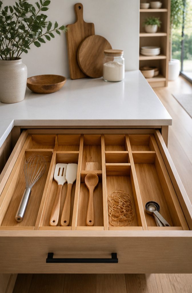 Drawer Organizer Ideas: 7 Storage Types That Actually Fit 2 Expandable bamboo drawer organizer with compartments in a kitchen drawer.