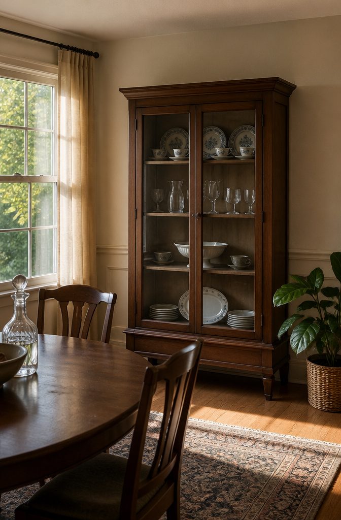 Serving bowl centered in a cabinet with dishes on upper and lower shelves
