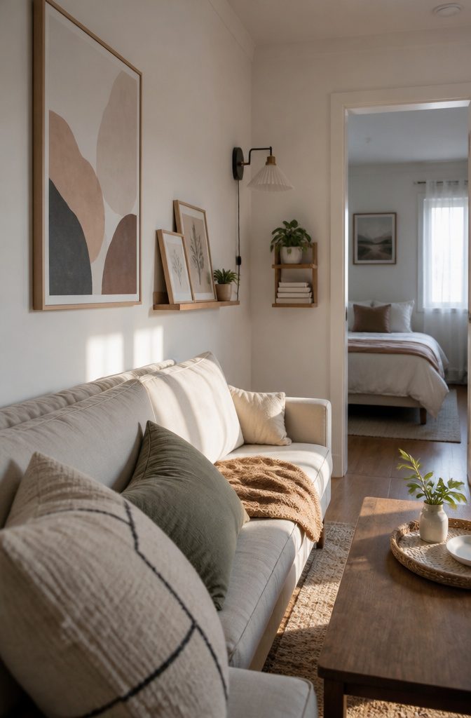 15 Ways to Decorate Small Apartments That Feel Open 12 Framed abstract print above a sofa with botanical prints on a picture ledge