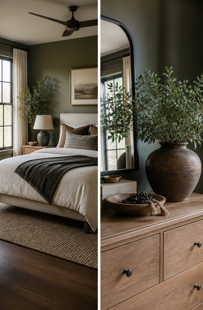 How to Design a Bedroom: 6 Steps from Measuring to Finishing 4 Bedroom inspiration board with neutral colors, patterned bedding, and furniture ideas