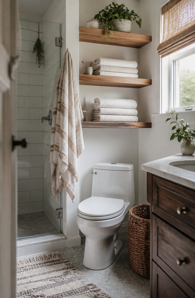 Rolled towels stored on a shelf above a bathroom door
