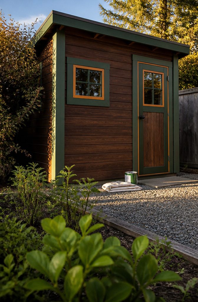 How to Make a Shed: 10 Steps from Site Prep to Finish 10 Finished shed with brown stained siding green frames and orange and yellow window reveals
