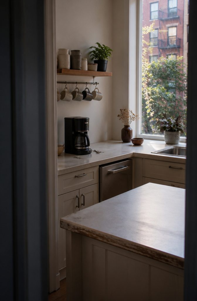 12 Ways to Organize a Small Kitchen That Actually Work 14 Kitchen coffee maker beneath a floating shelf with tea, ingredients, and hanging mugs