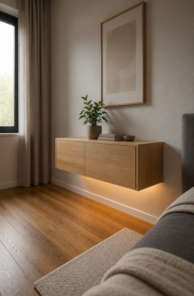 10 Bedroom Cabinet Ideas to Organize and Complete a Room in 2026 4 A floating cabinet mounted above a hardwood floor in a small bedroom.