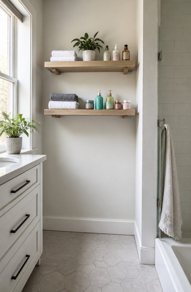 10 Tiny Bathroom Storage Ideas to Maximize Every Inch in 2026 3 Two light wood floating shelves with folded towels and toiletries on a pale wall.