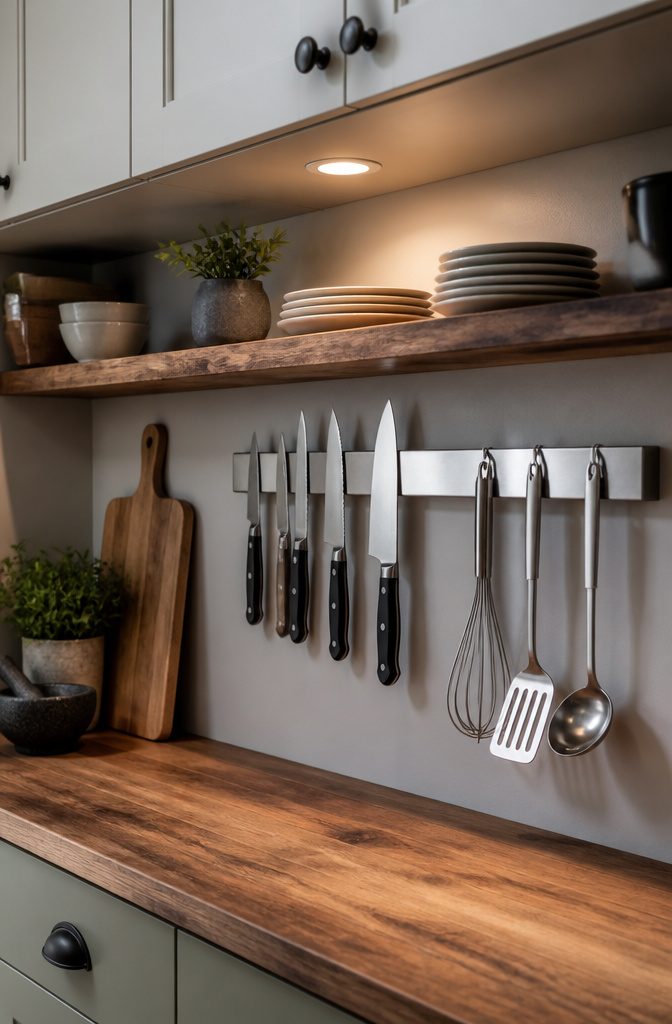 Floating shelves with a magnetic strip holding kitchen utensils.