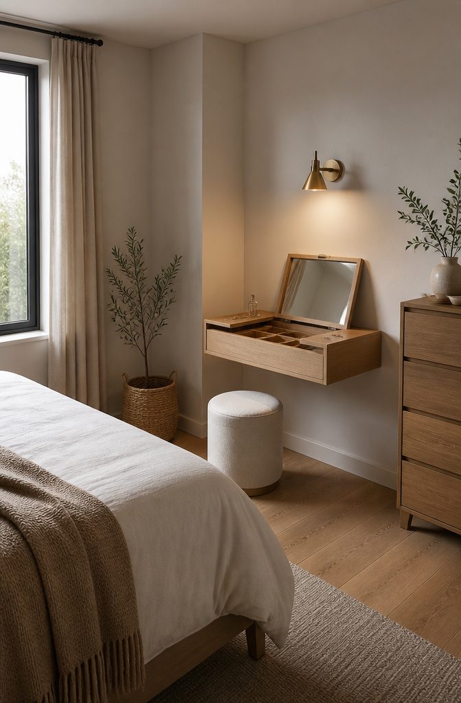 Floating vanity with flip-top design and small compartments.