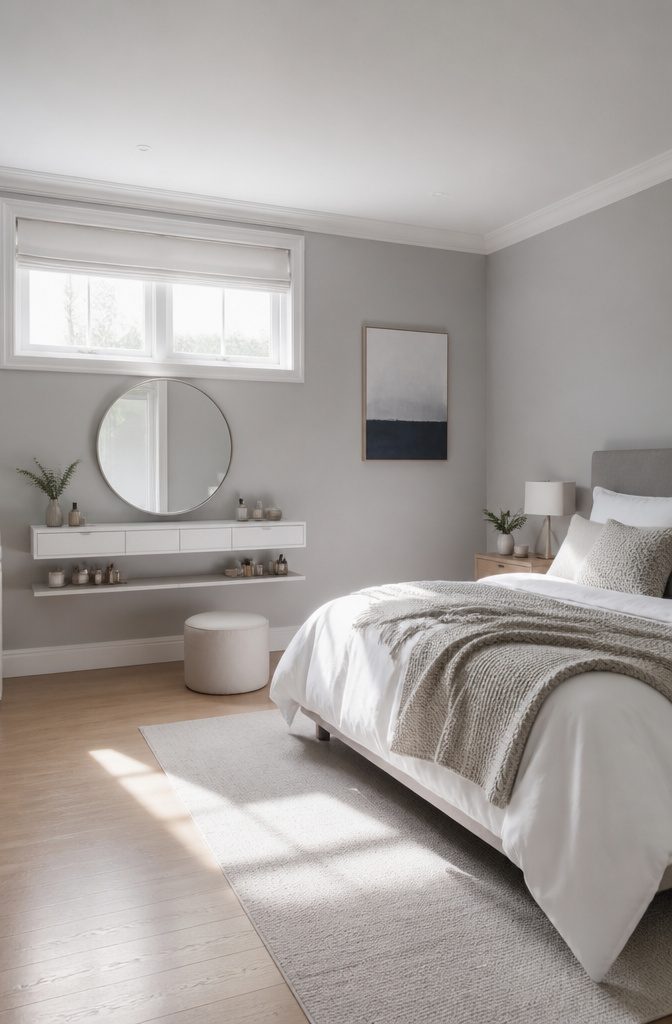 8 Dressing Table Ideas for Bedrooms: Styles for 2026 2 A wall-mounted dressing table with a stool and storage underneath.
