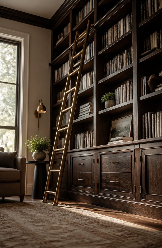 Floor-to-ceiling bookshelves made of dark wood with metal accents.