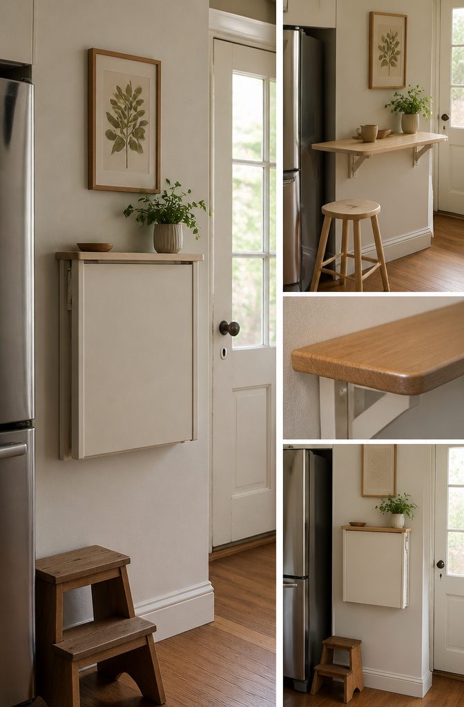 A drop leaf table mounted on the wall in a kitchen.