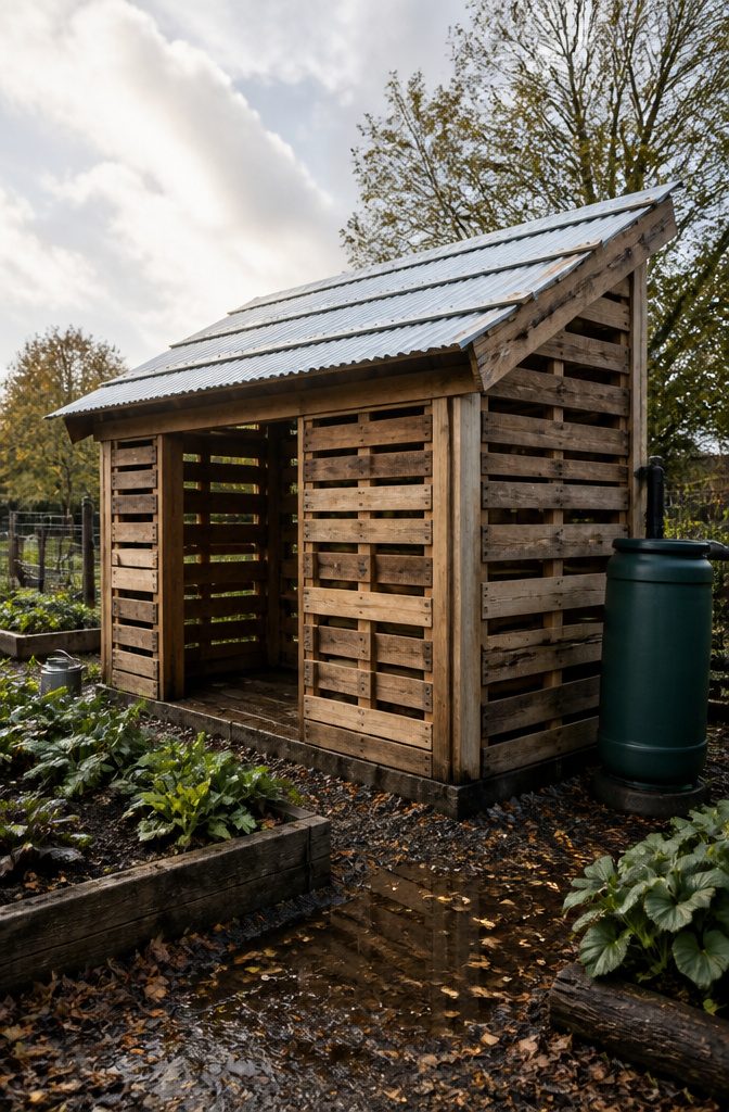 How to Build a Garden Shed from Pallets: 7 Steps 6 Shed roof rafters covered with metal roofing above framed pallet walls