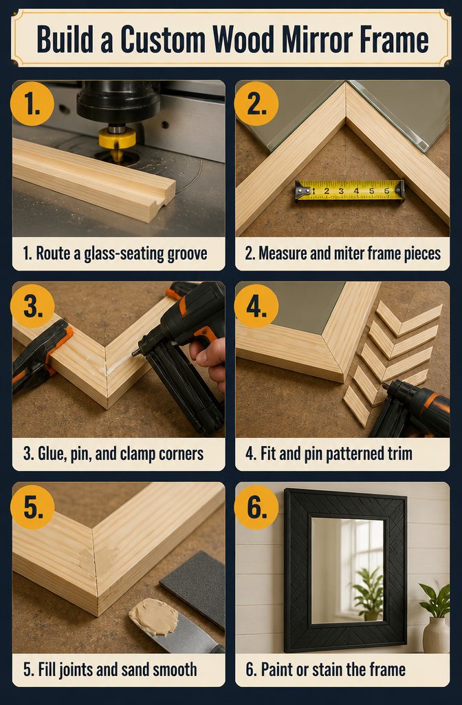 Pine strips forming a patterned wood frame around a mirror