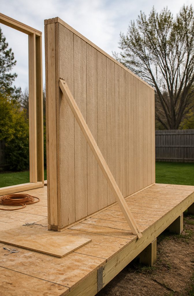 How to Make a Shed: 10 Steps from Site Prep to Finish 6 Framed shed walls being raised from the floor deck