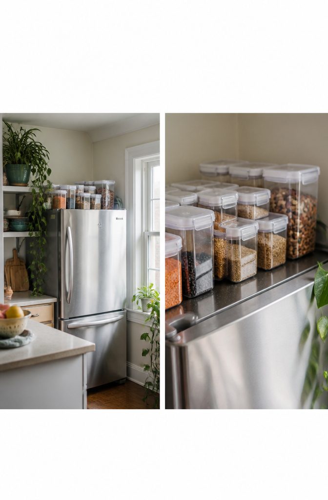 Bins on top of a refrigerator storing various dry goods.