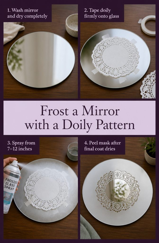 Paper doily taped to a mirror before frosted glass spray is applied