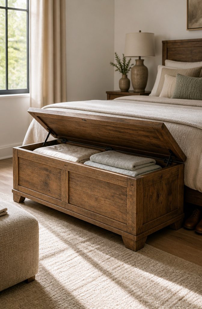 6 Efficient Storage Ideas to Declutter Any Room in 2026 4 A lift-top storage bench at the foot of a bed in a bedroom.