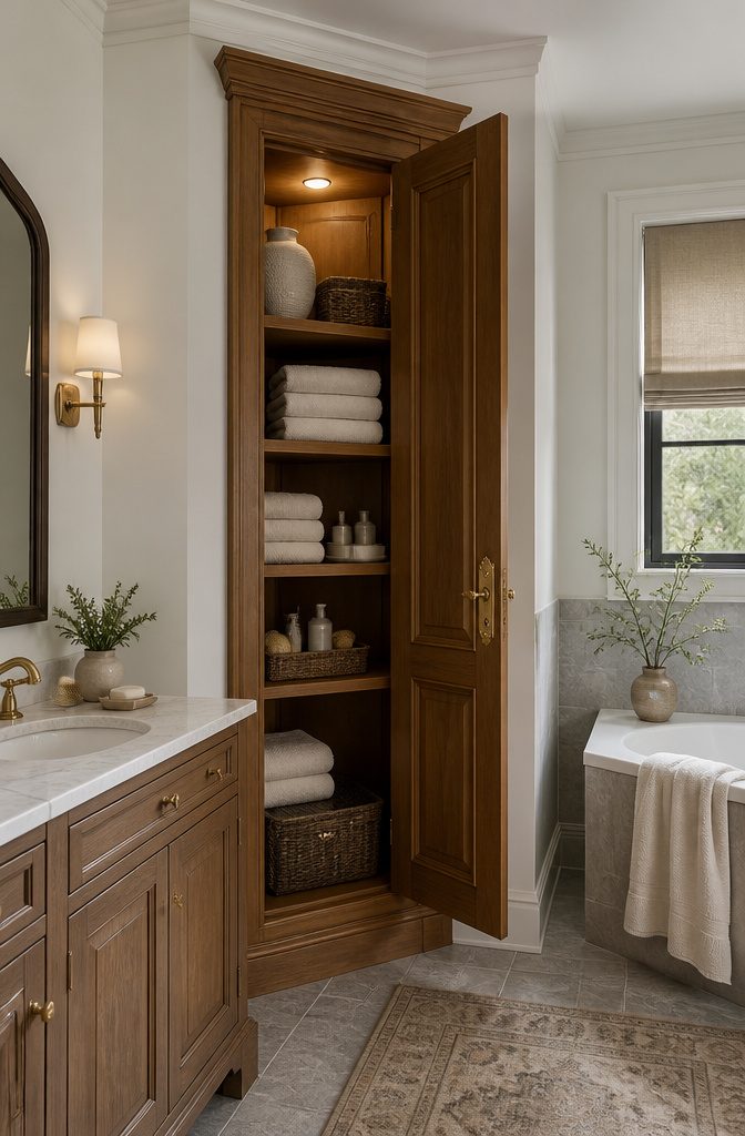 10 Built-In Bathroom Storage Ideas for 2026 8 A built-in linen closet with towels and decorative hardware.