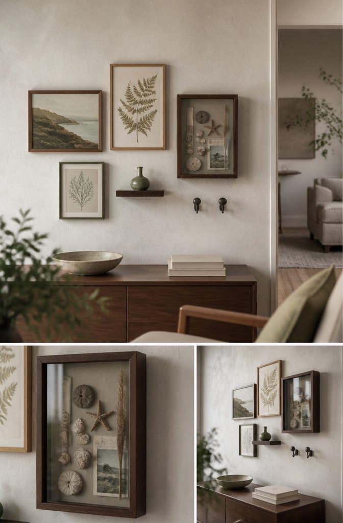 How to Display Trinkets: 18 Ideas for Every Space 12 Gallery wall combining framed pictures shadow boxes shelves and hooks