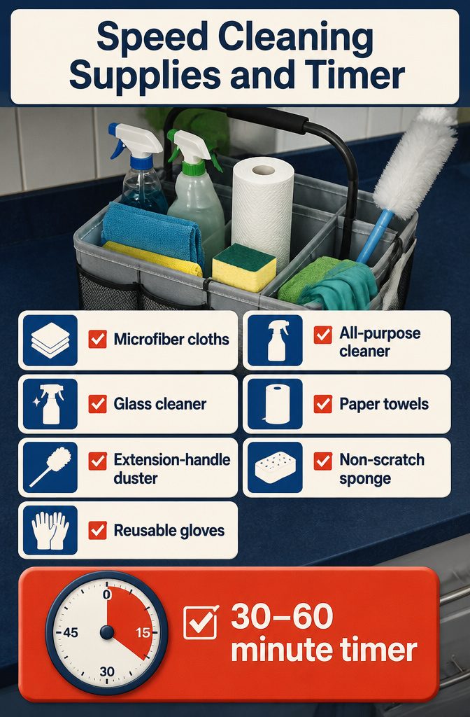 How to Clean Fast: 6 Steps to Speed Through the Whole House 2 Cleaning caddy with cloths, spray bottles, duster, sponge, and timer