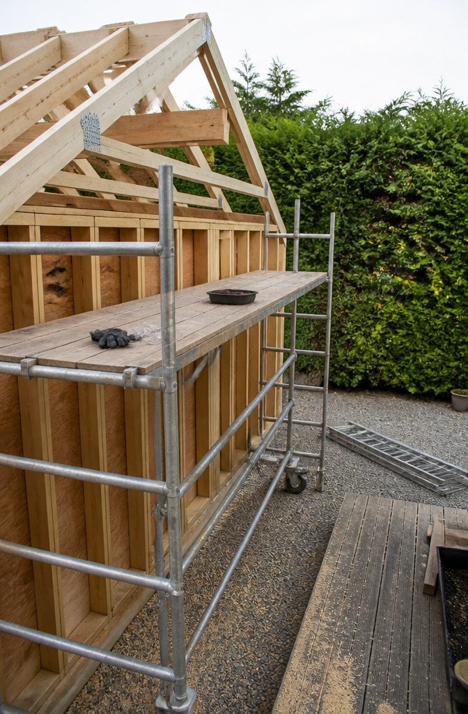 How to Make a Shed: 10 Steps from Site Prep to Finish 13 Wheeled scaffold with three planks beside an unfinished shed and roof truss