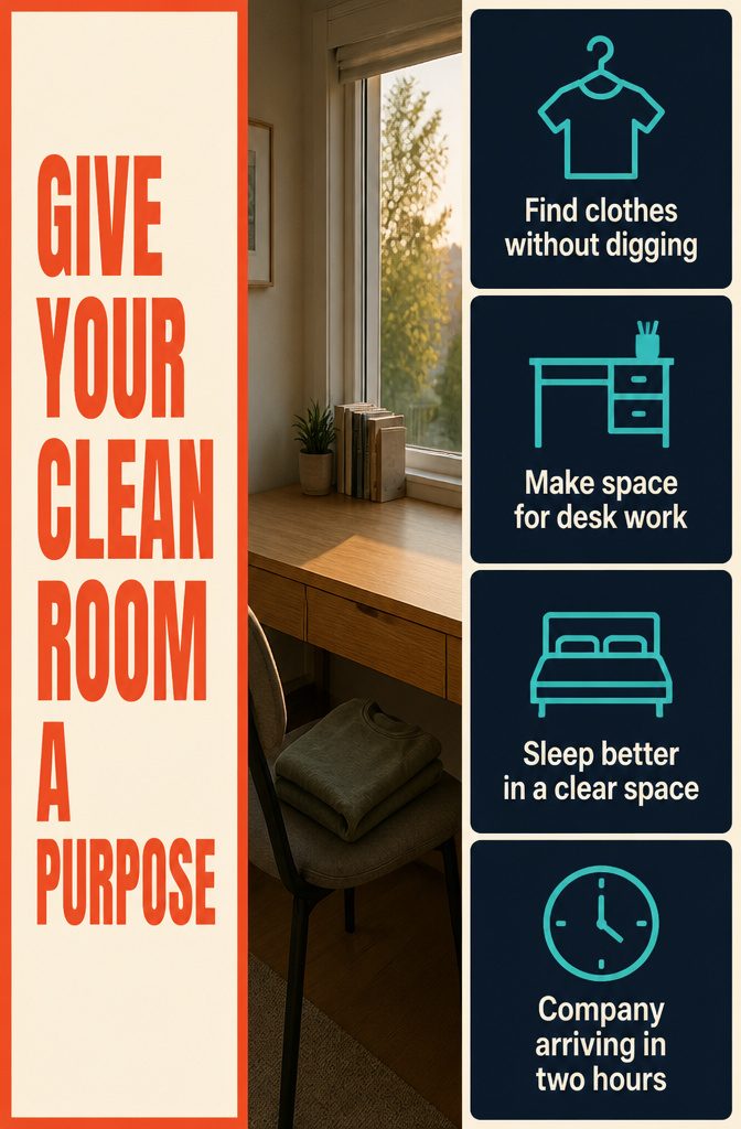 Clean room purpose graphic with bedroom furniture and simple text