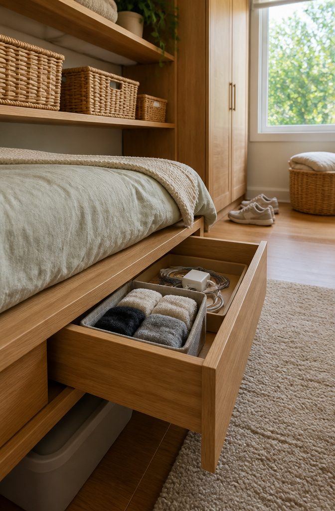 Bedroom storage with grouped belongings arranged in drawers baskets and shelves