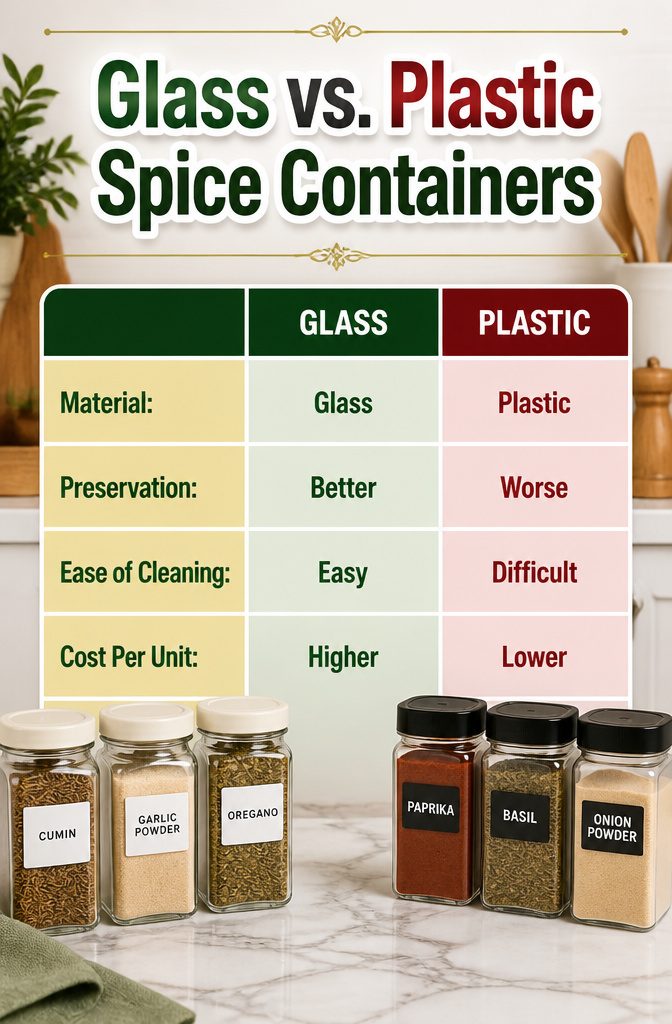 Comparison of glass and plastic spice containers.