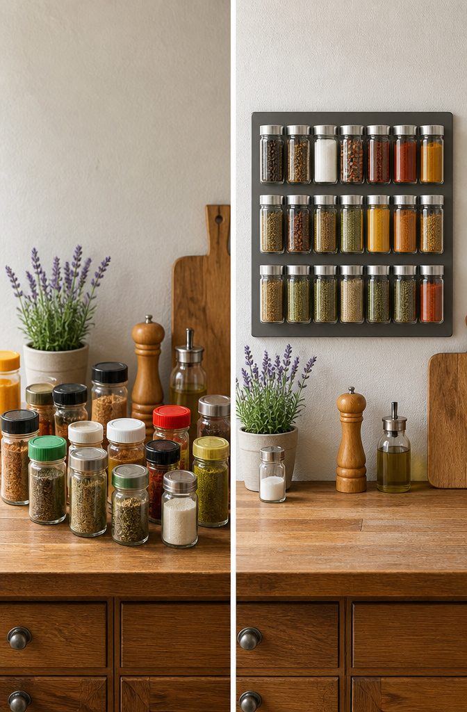 Rows of matching glass jars filled with spices on a shelf.