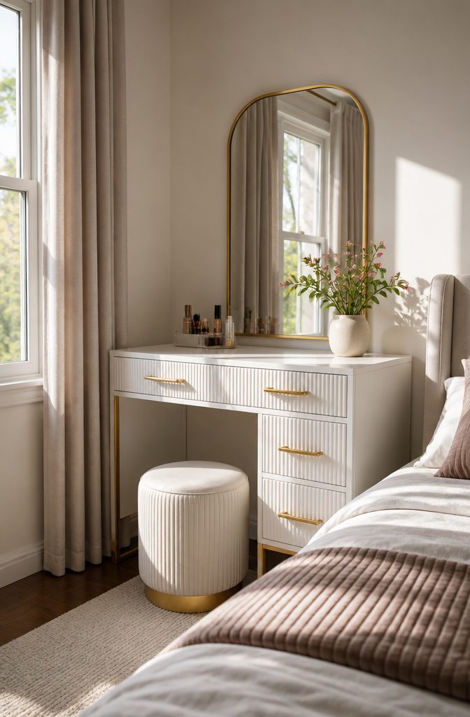 Vanity featuring gold drawer pulls and mirror frame against a pale wall.
