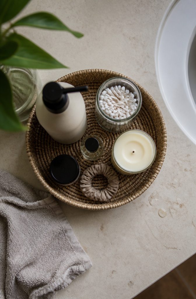 19 Ways to Style a Bathroom Without a Full Remodel 2 Bathroom vanity tray holding soap, hand lotion, and a lit candle