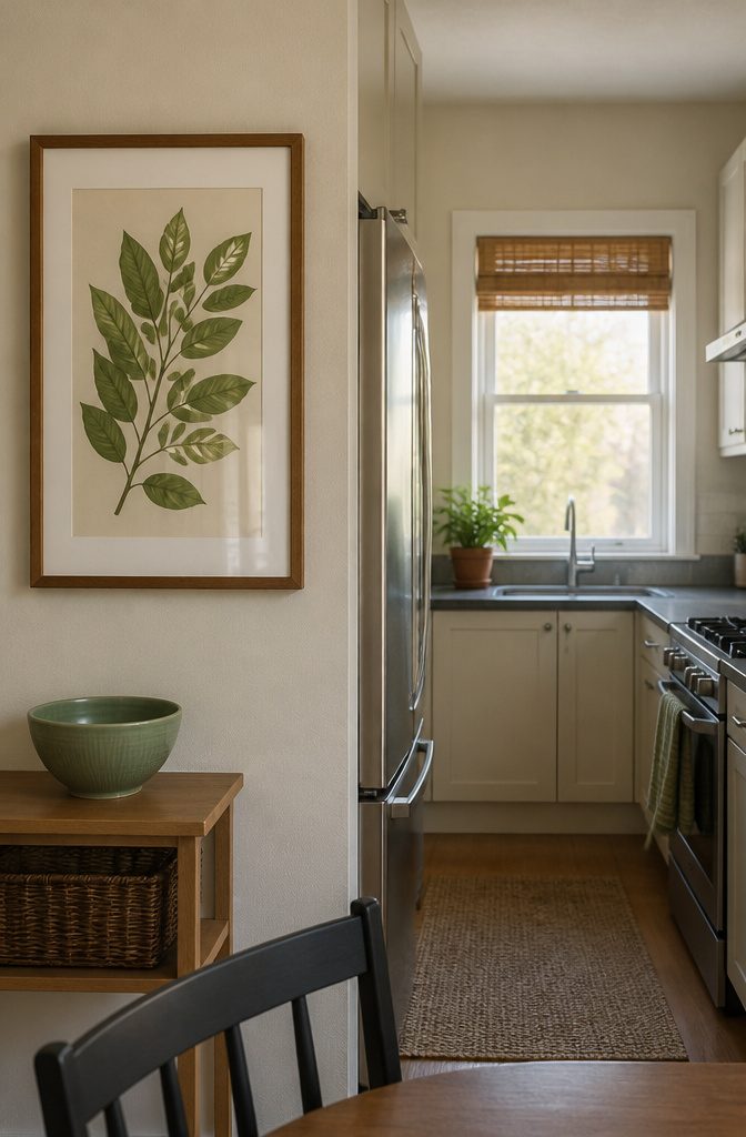 16 Ways to Decorate a Small Kitchen That Actually Work 15 Kitchen wall with framed print and displayed personal objects beside cabinetry