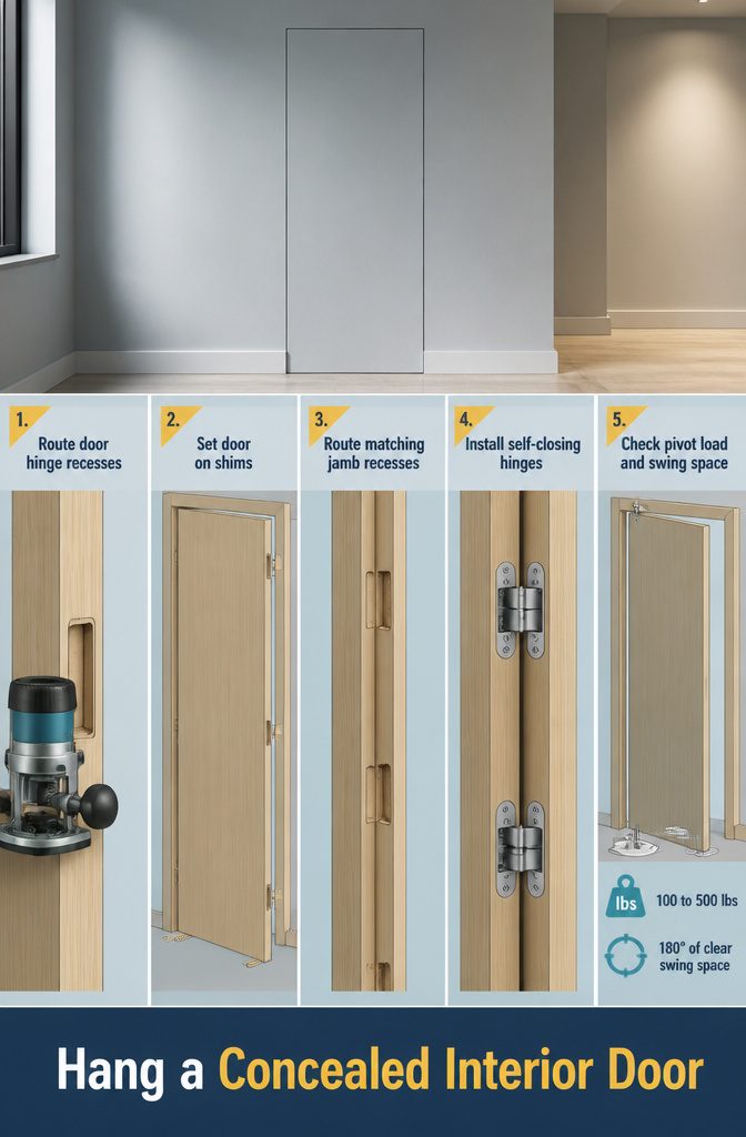 How to Build a Secret Room: 7 Steps from Start to Finish 7 Concealed interior door graphic showing the door and hinge placement
