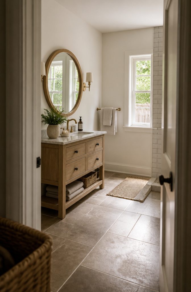 Round wood-framed mirror above a farmhouse bathroom vanity