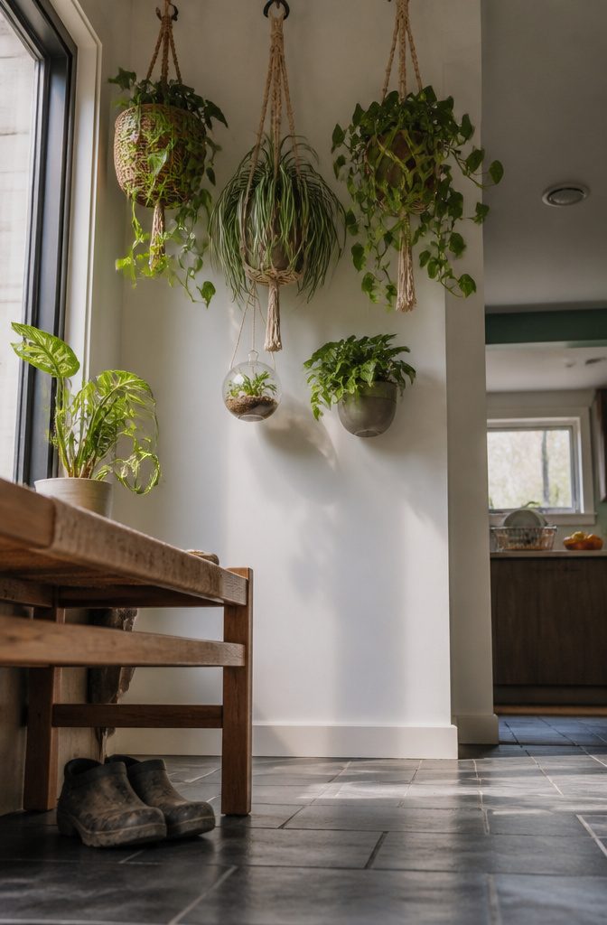 Ceiling and wall planters holding cascading indoor greenery