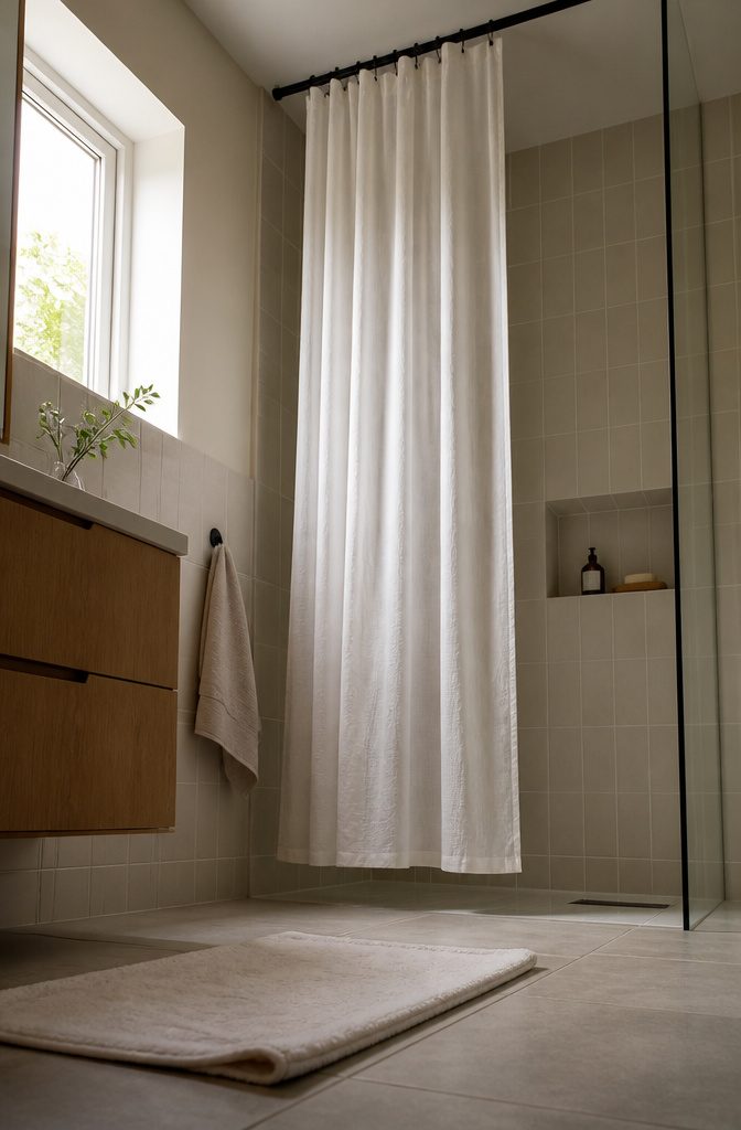 18 Ways to Style a Modern Bathroom 14 Long shower curtain hanging from a ceiling-height rod beside a tiled shower
