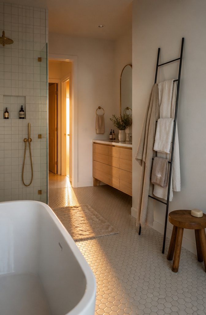 15 Ways to Organize a Small Bathroom Without Wasting Space 12 Leaning ladder against a bathroom wall with towels draped over its rungs
