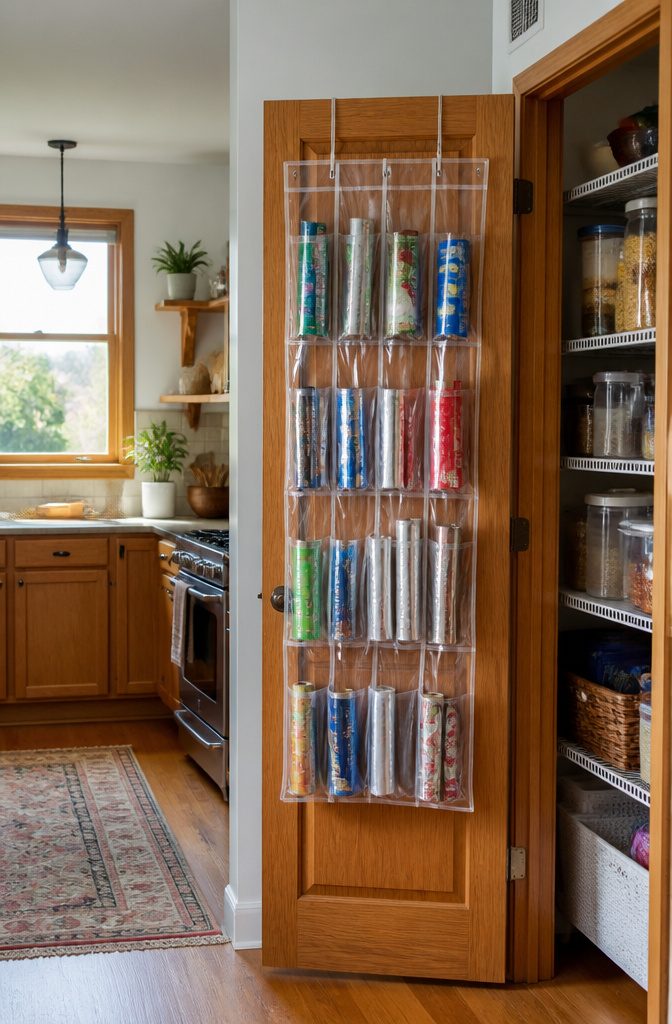 10 Plastic Wrap Storage Ideas for Organized Kitchens in 2026 9 A shoe organizer with clear pockets storing various plastic wrap boxes.