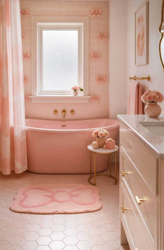 10 Cute Bathroom Ideas for Colorful, Playful Spaces (2026) 7 Bathroom with a blush pink tub and Hello Kitty themed decor.