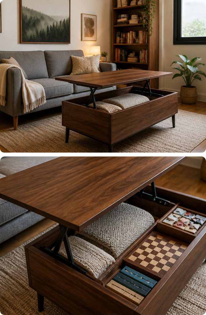 10 Tiny Home Space Saving Ideas: Storage and Layout Solutions 6 A lift-top coffee table with storage compartments in a cozy living room.