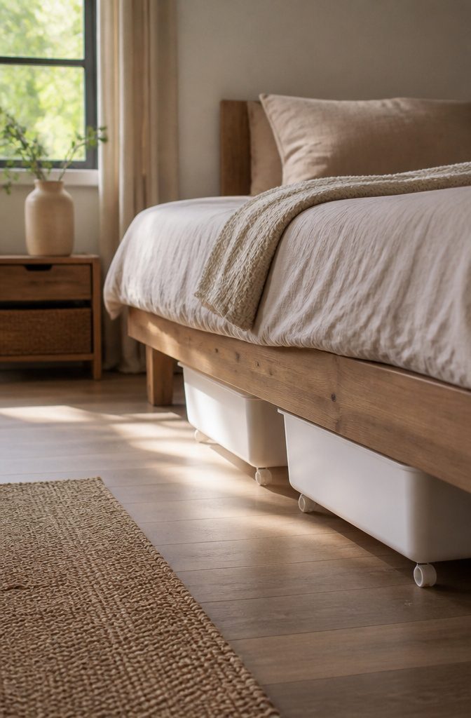 6 Efficient Storage Ideas to Declutter Any Room in 2026 6 Wheeled storage bins neatly placed under a bed.